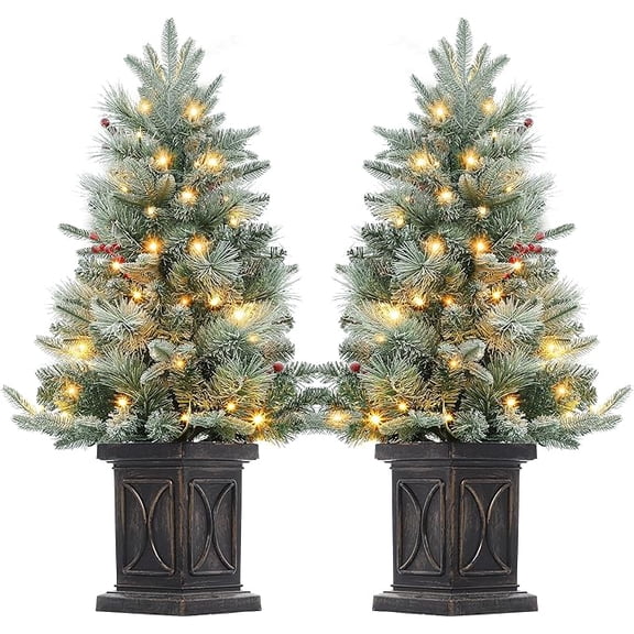 3 ft Pre-Lit Artificial Christmas Tree Tabletop, Snow Flocked Xmas Tree with LED Pre-lit, Small Potted Christmas Tree with Twinkle Lights, 78 Warm White Lights & Square Pot Base, Xmas Decoration-2PC