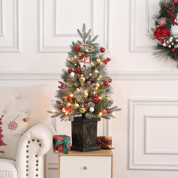 3 ft Pre-Lit Snow Flocked Artificial Christmas Tree - Battery Operated, Timer, 78 Dual-Color LED Lights, Bracket Box Base