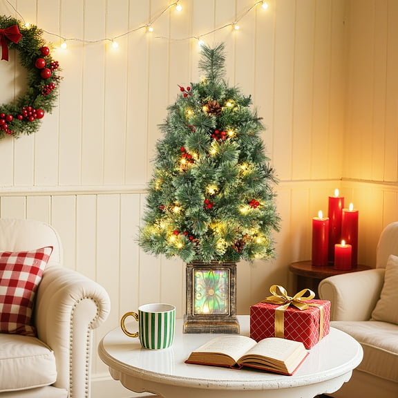 3 ft Pre-lit Christmas Tree, 3ft Small Christmas Tree with Lights, Potted Artificial Xmas Tree with 70 LED Lights & 16 Pinecones & 16 Red Berries, Easy Assembly, for Entrance Porch Home Office Indoor