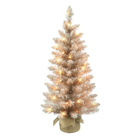 3 ft Pre-lit Rose Gold Tree 97 Tips 50 UL Clear Incandescent Lights Burlap Base