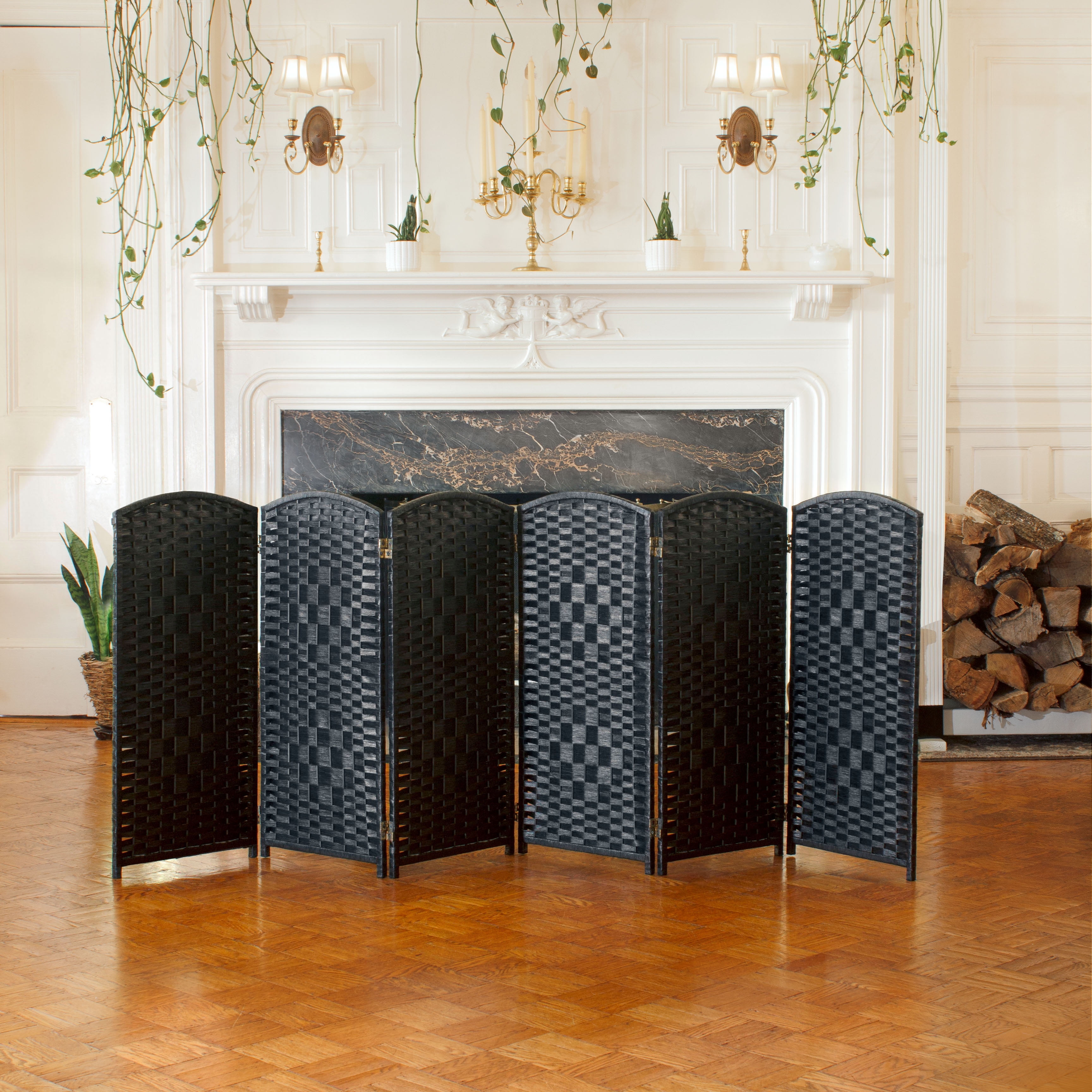 3 ft. Tall Black Woven Fiber Folding Screen - 6 Panel