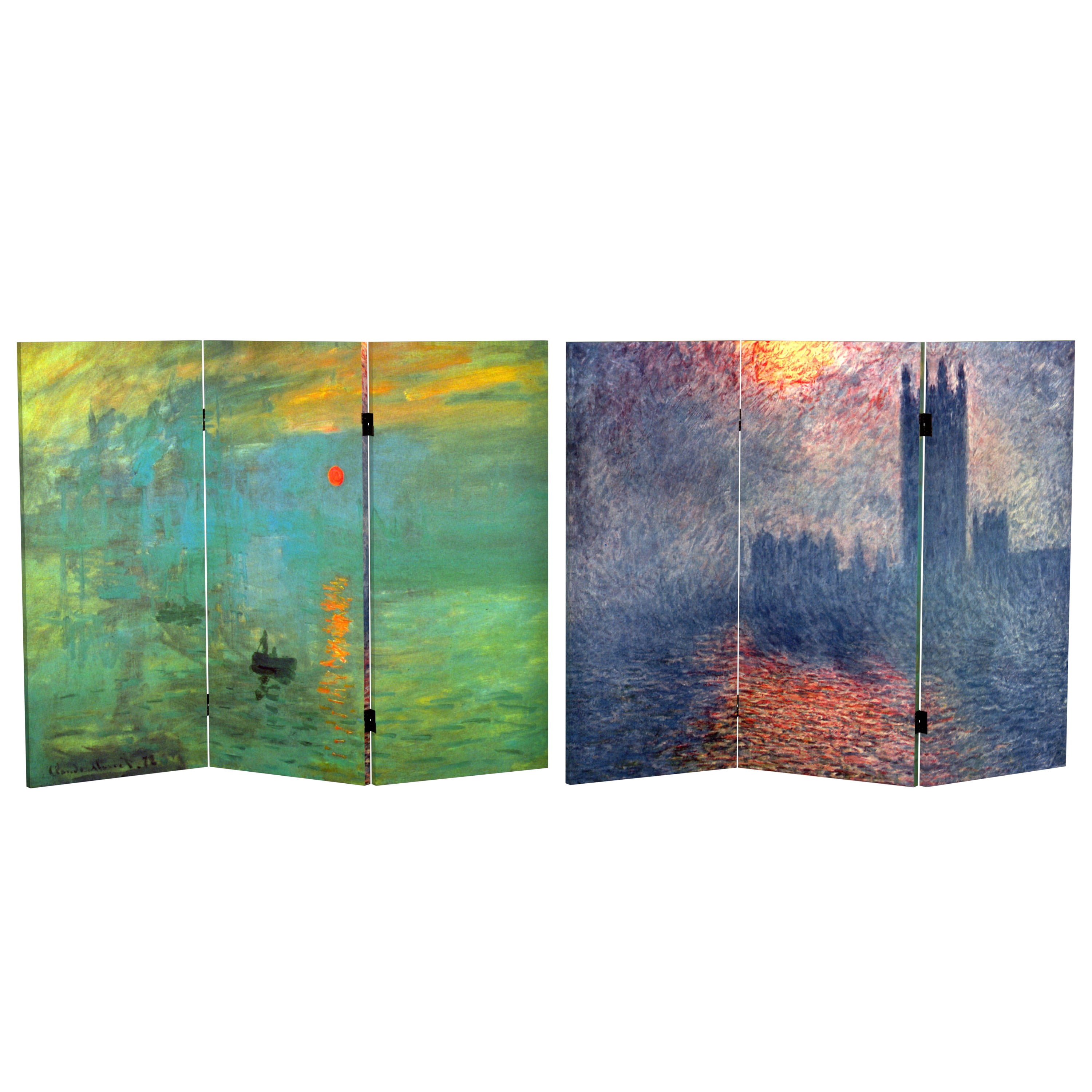 Red Lantern 3 ft. Short Monet Canvas Folding Screen - Impression Sunrise/Houses of Parliament