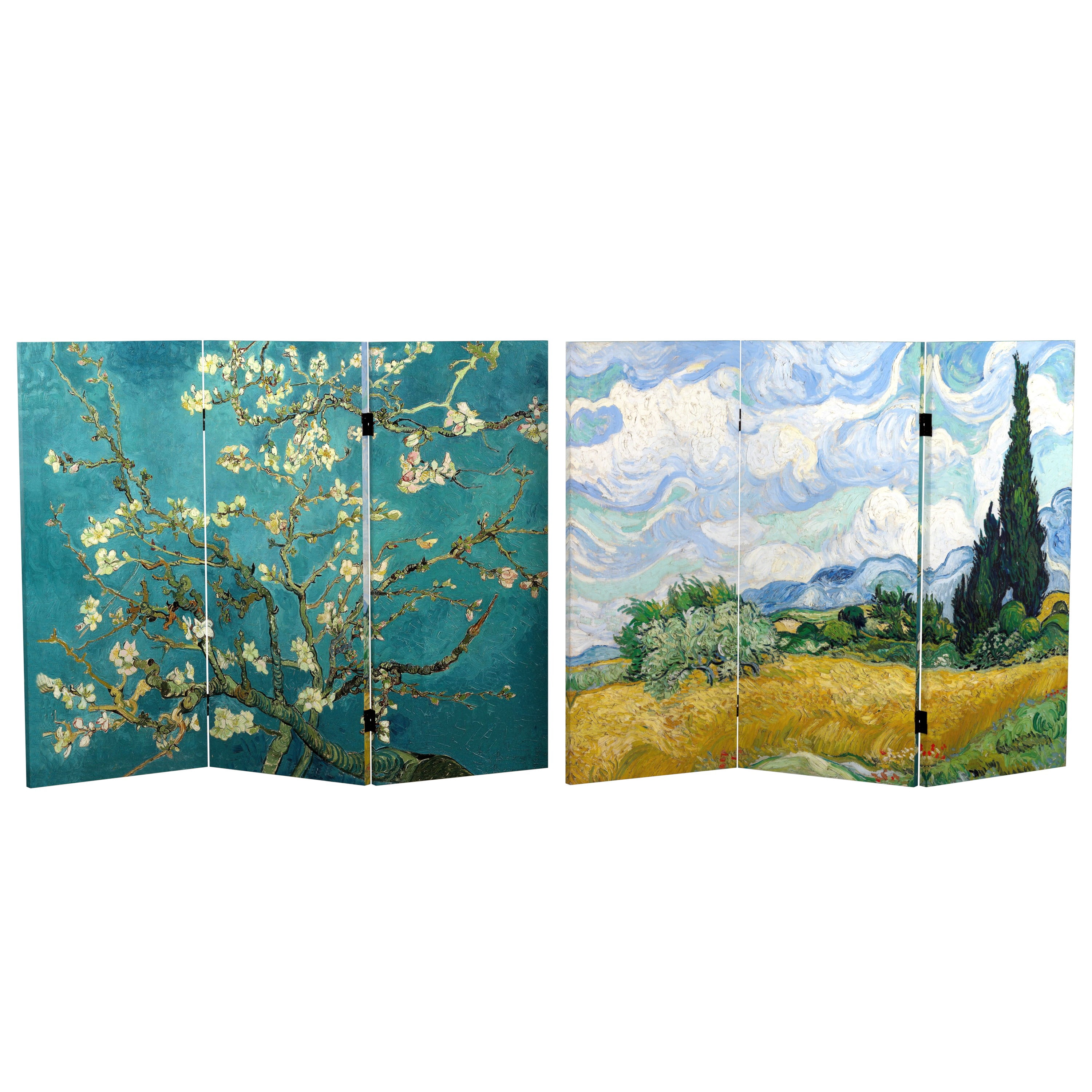 Red Lantern 3 ft. Short Van Gogh Canvas Folding Screen - Almond Blossoms/Wheat Field