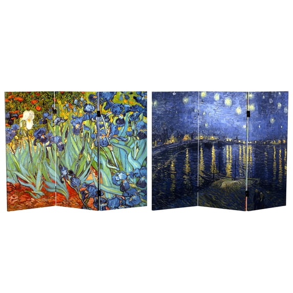 Red Lantern 3 ft. Short Double Sided Works of Van Gogh Canvas Folding Screen - Irises/Starry Night Over Rhone