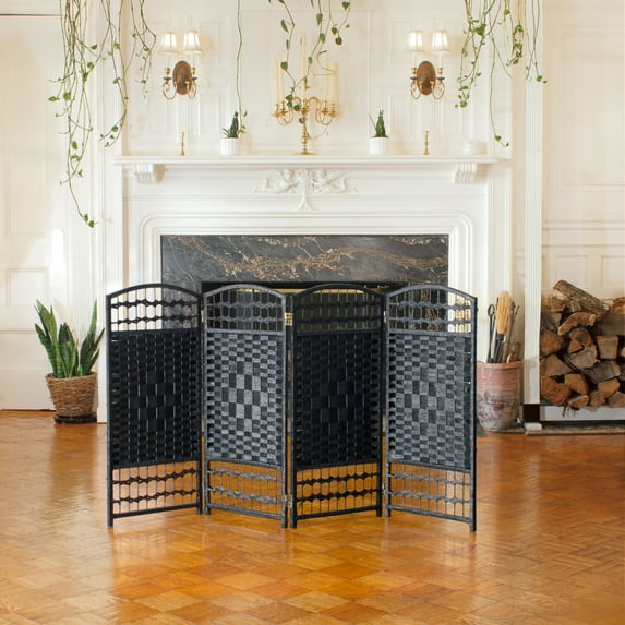 Red Lantern 3 ft. Short Fiber Weave Folding Screen - Black - 4 Panels