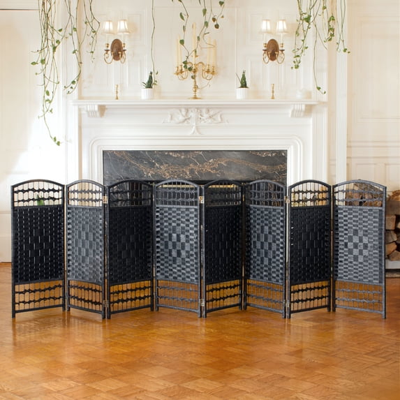 Red Lantern 3 ft. Short Fiber Weave Folding Screen - Black - 8 Panels