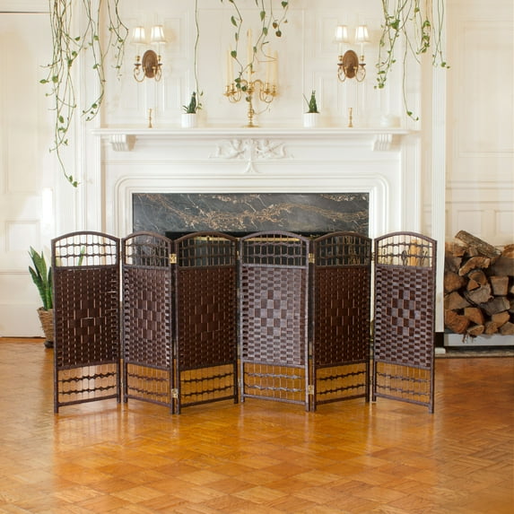 Red Lantern 3 ft. Short Fiber Weave Folding Screen - Dark Mocha - 6 Panels