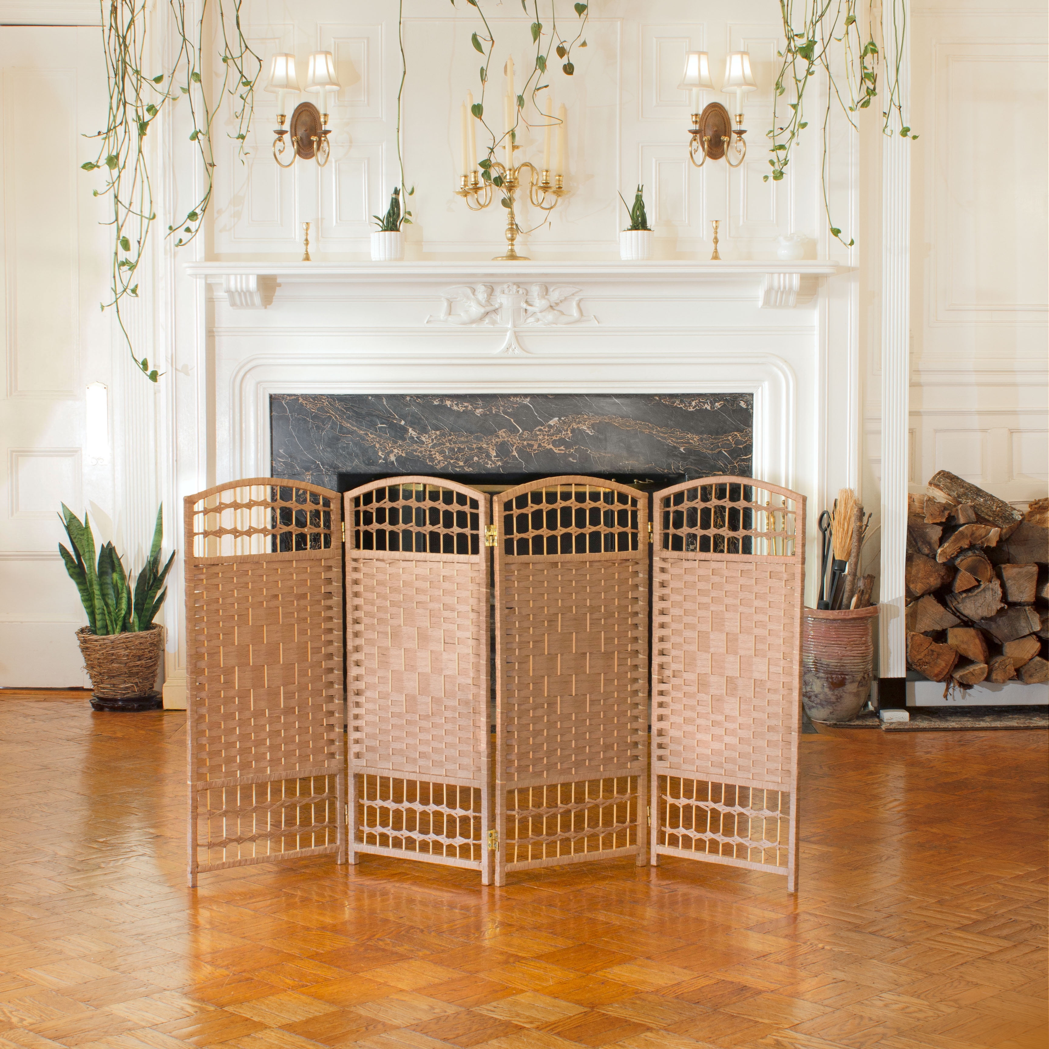 Red Lantern 3 ft. Short Fiber Weave Folding Screen - Natural - 4