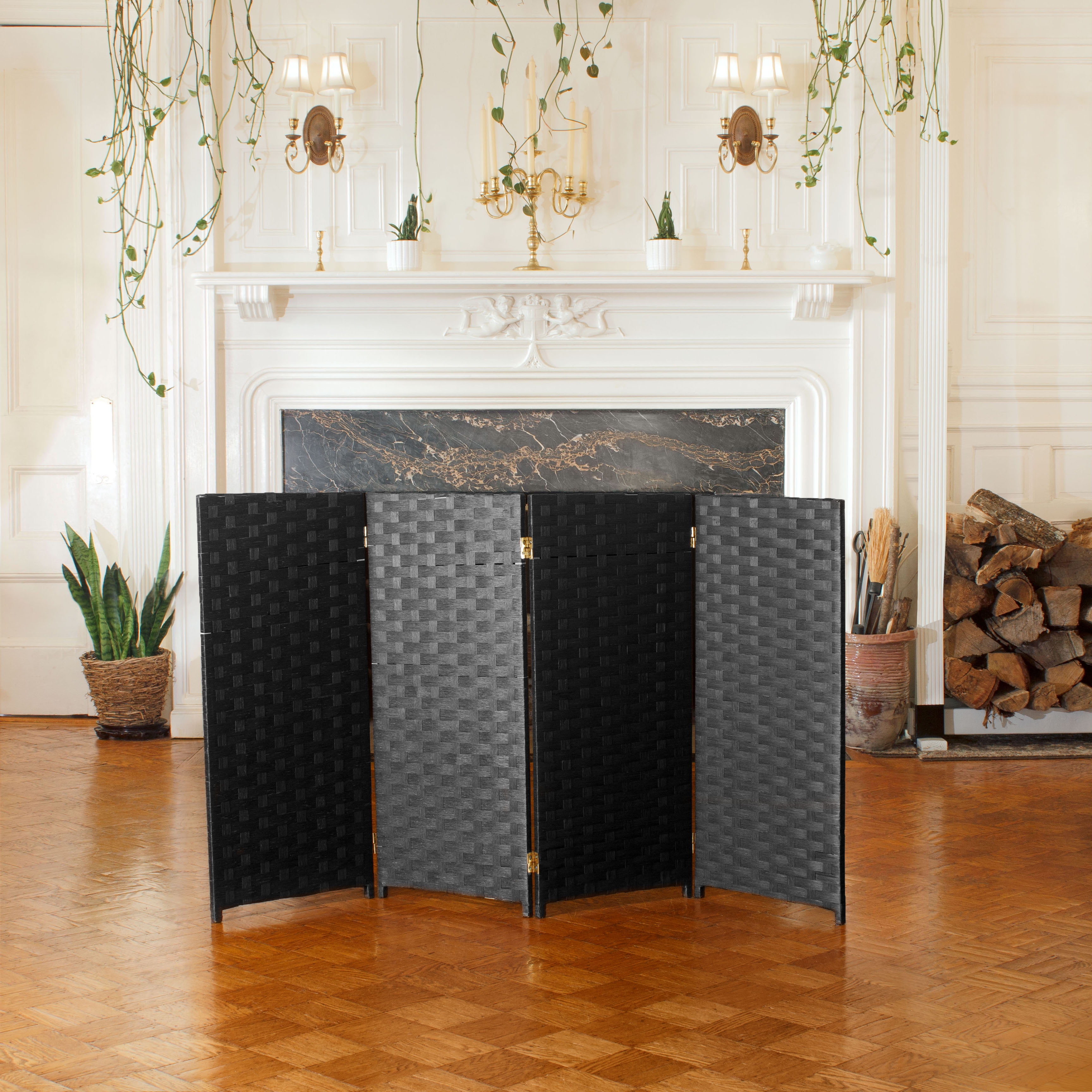 Red Lantern 3 ft. Short Woven Fiber Folding Screen - Black - 4