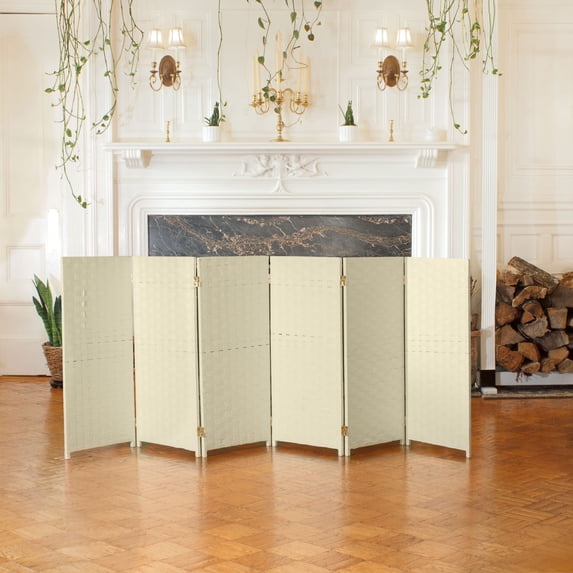 Red Lantern 3 ft. Short Woven Fiber Folding Screen - Cream - 6 Panel