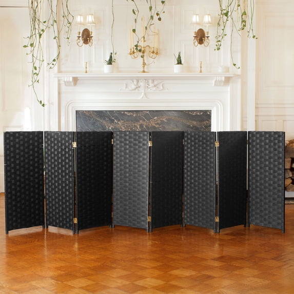 Red Lantern 3 ft. Short Woven Fiber Folding Screen - Black - 8 Panel