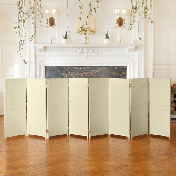 Red Lantern 3 ft. Short Woven Fiber Folding Screen - Cream - 8 Panel