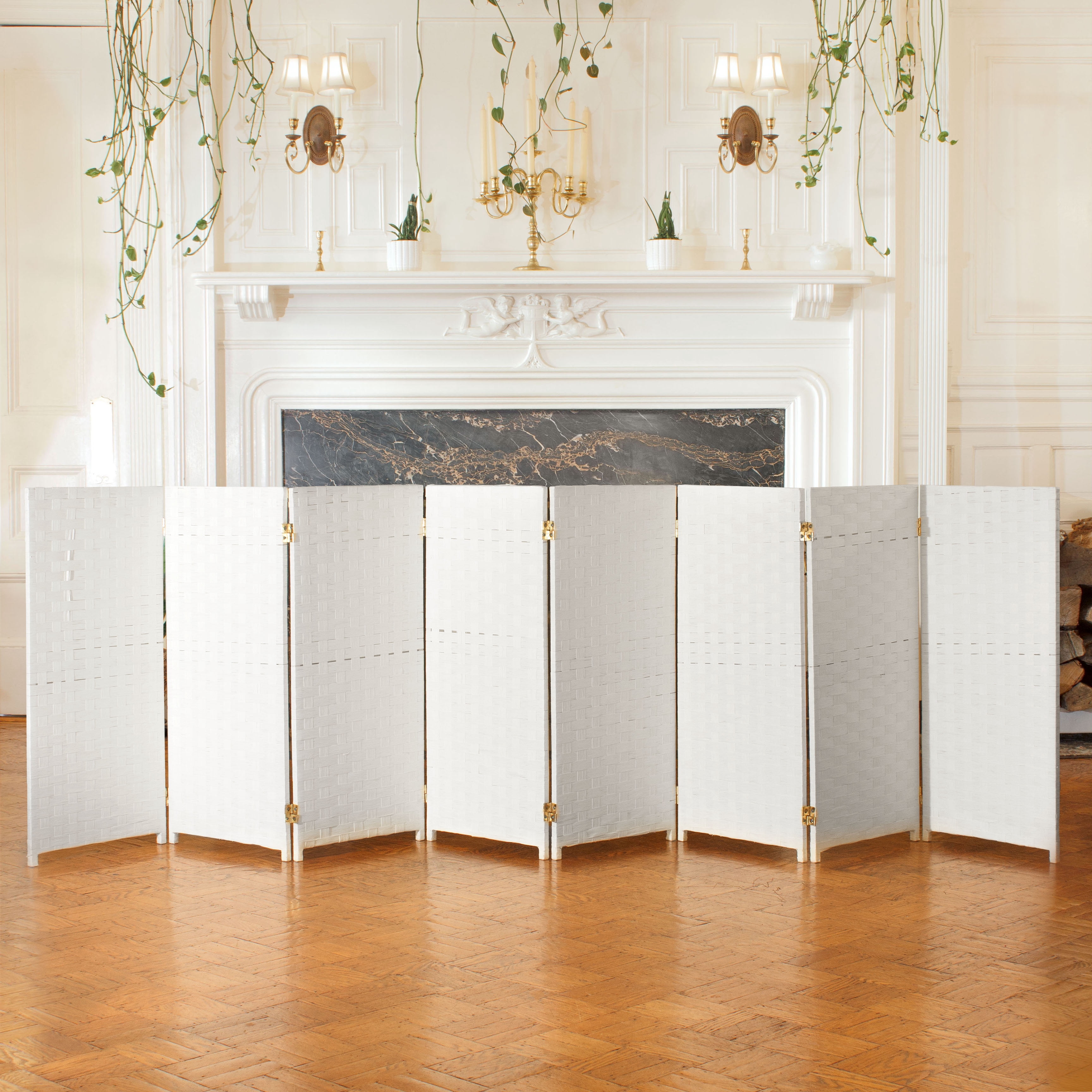 Red Lantern 3 ft. Short Woven Fiber Folding Screen - White - 8 Panel