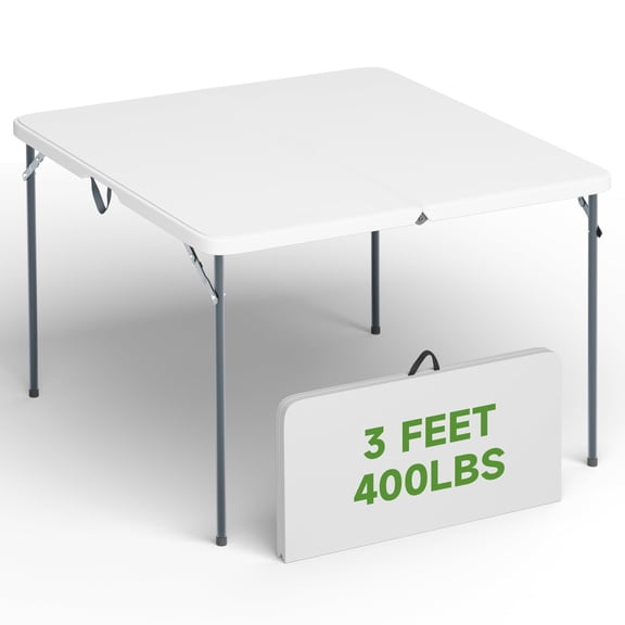 3 ft Square Folding Table - Standard White, 400 lbs Capacity, Portable