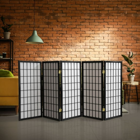 3 ft. Tall Classic Japanese Window Pane Lattice Privacy Screen - Black - 5 Panels