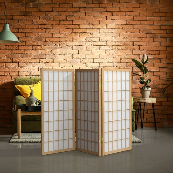 3 ft. Tall Classic Japanese Window Pane Lattice Privacy Screen - Natural - 3 Panels