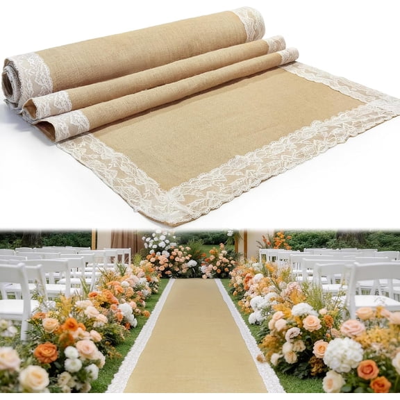 3 ft x 20 ft Burlap Aisle Runner for Wedding,Wedding Walkway Runner with Lace Edaging, Rustic Jute Carpet Rug Roll for Indoor Outdoor Beach Garden Church Reception Ceremony Decor