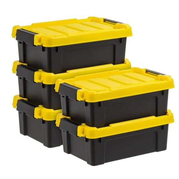 3 gal. Heavy-Duty Stackable Storage Tote, Black with Yellow Lid (Set of 5)
