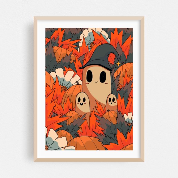 3 happy ghosts - Illustration Halloween Spooky Whimsical Autumn Creepy Oak Framed Wall Art Print 5 x 7 inches