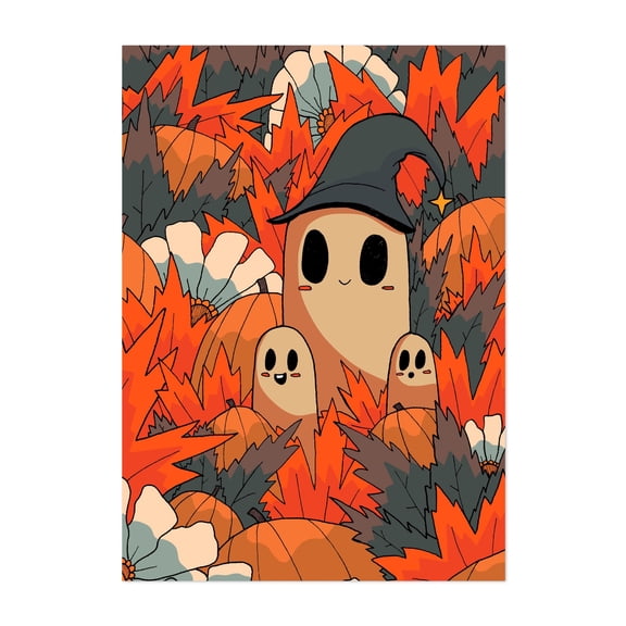 3 happy ghosts - Illustration Halloween Spooky Whimsical Autumn Creepy Unframed Wall Art Print 12 x 18 inches