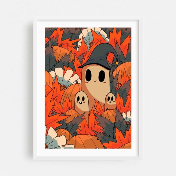 3 happy ghosts  - Illustration Halloween Spooky Whimsical Autumn Creepy White Framed Wall Art Print 5 x 7 inches