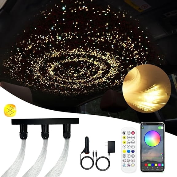 3-hole RGBW LED Light Engine + 300PCS (about 3.0 meters) Twinkle Fiber Optic Light, for Autohome Star Ceiling Sky Decoration, 20W Starlight Headset Kit with App/RF Remote Control