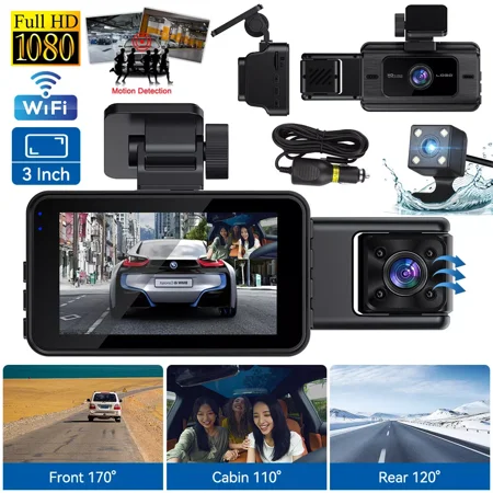 3-in-1 1080P HD Dash Cam with Night Vision - Front, Interior & Rear View Video Recorder for Cars, G-Sensor, Loop Recording, WiFi Enabled