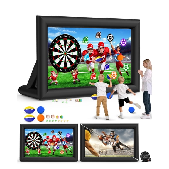 3-in-1 18FT Inflatable Projector Screen with 250W Blower - Outdoor Movie Screen, Dart Board & Football Target for Pool Party, Backyard Movie Night