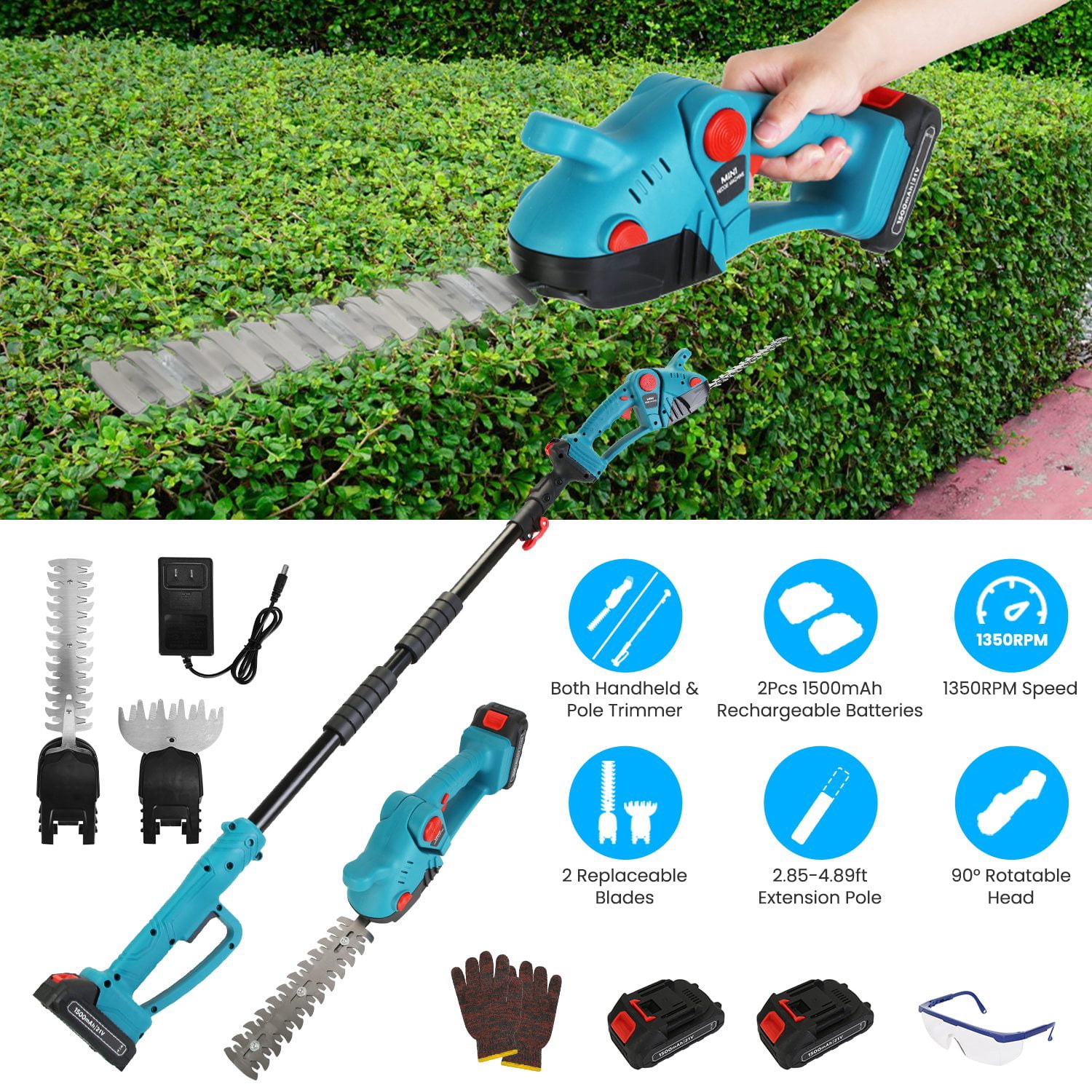 3-in-1 21V Cordless Hedge Trimmer & Grass Shear, 90° Rotatable Head, Telescopic Pole, SK5 Blades, 2 Rechargeable Batteries, Safety Goggles Gloves for Yard Garden Lawn