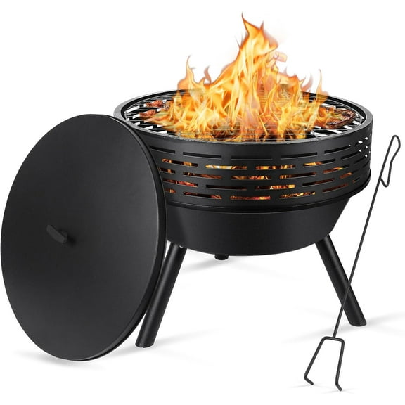 3-in-1 23-Inch Outdoor Fire Pit Table with Grill & Lid, Cast Iron Wood Burning