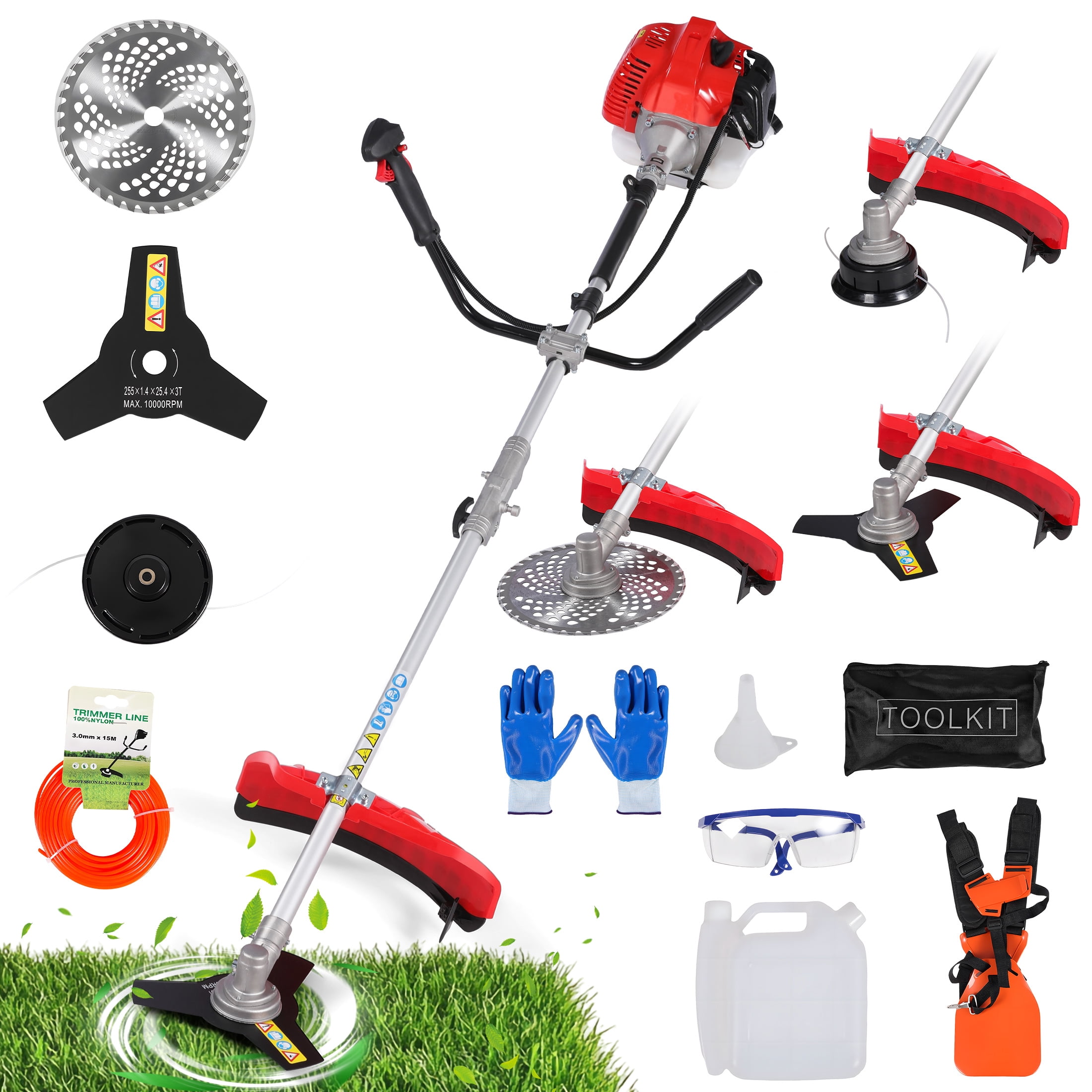 3-in-1 52cc 2-Stroke Weed Wacker Gas Powered, 18" Cutting Path Gas String Trimmer/Edger, 10" 3T/40T Gas Brush Cutter with Shoulder Strap, 3.0HP Heavy-Duty Weed Eater Grass Trimmer for Lawn Care