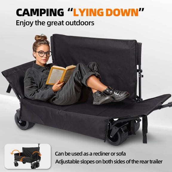 3-in-1 550lbs/150L Large Collapsible Folding Wagon, Convert to Bench, Foldable Wagon Cart with Wheels, Shopping Cart for Groceries Folding Utility Wagon for Beach, Camping, Outdoors, Shopping, Black