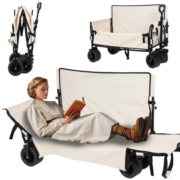 3-in-1 550lbs/220L Large Collapsible Folding Wagon, Convert to Bench, Foldable Wagon Cart with Wheels, Shopping Cart for Groceries Folding Utility Wagon for Beach, Camping, Outdoors, Shopping, Black