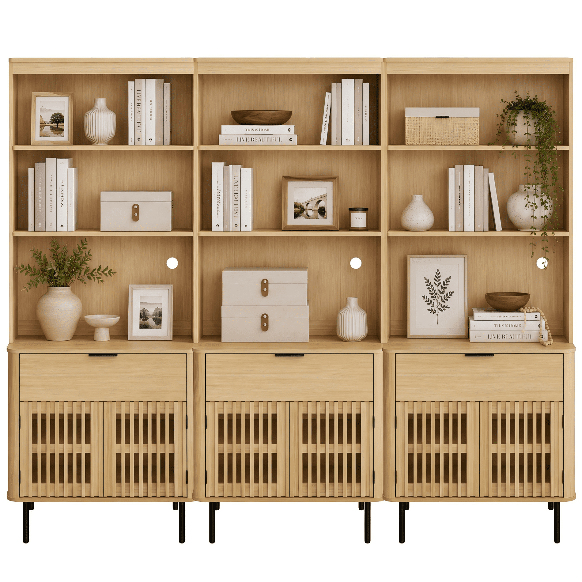 3-in-1 72.8" Fluted Pantry Cabinet with Doors & Drawer, Adjustable Shelf, Cable Mgmt, 5-Tier, Oak
