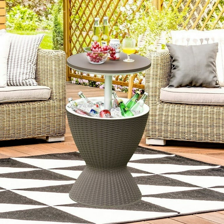 3 in 1 8 Gallon Patio Rattan Cooler Bar Table Featuring Adjustable Ice Bucket