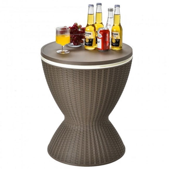 3-in-1 8 Gallon Patio Rattan Cooler Bar Table, Outdoor Ice Bucket Side Table with Adjustable Lift Top, Drain Plug, 22.5"/32.5" Height, Wicker Style Cooler for Poolside BBQ Backyard Brown