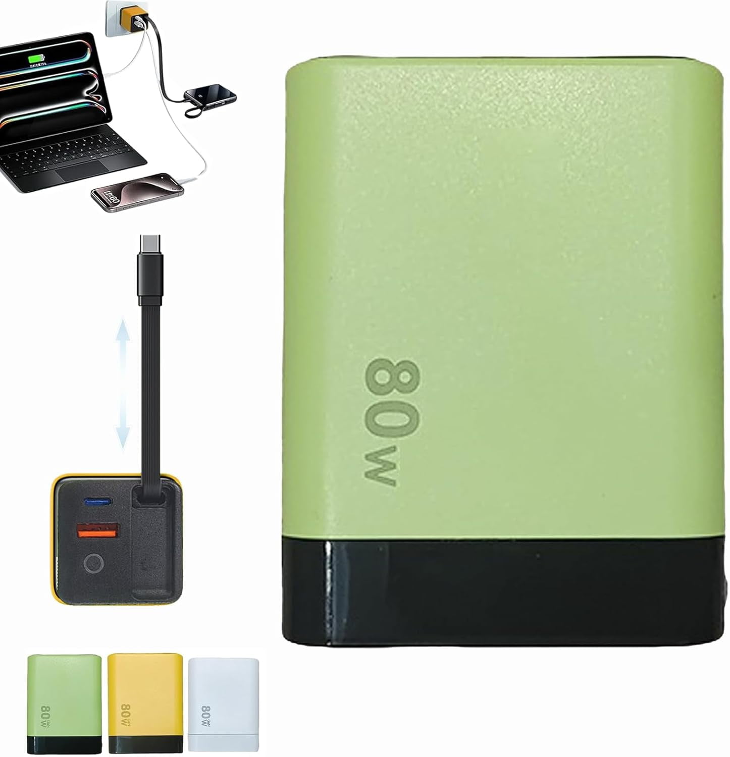 3-in-1 80W MAX  Retractable Charger - 60cm Type-C Cable & 2 USB Ports, Fast Charging for Smartphones, Tablets & Laptops