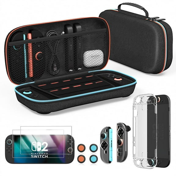 3-in-1 Accessories Bundle for Switch 2, Hard Shell Travel Carrying Case with Large Capacity, Dockable Protective Cover and 2 Screen Protectors, Protective Gaming Accessories for Switch 2