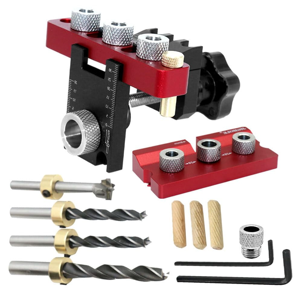 3-in-1 Adjustable Doweling Jig Kit, Cabinet Hardware, Pocket Hole, and Furniture Connecting Hole Puncher Tool