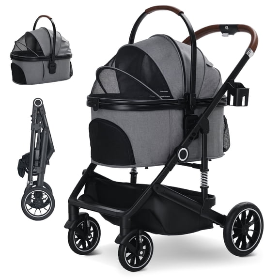 LINLUX Pet Stroller w/ 4 Wheels, Foldable Puppy Strollers for Dogs Cats, Iron Pet Carrier 50 lbs, Gray