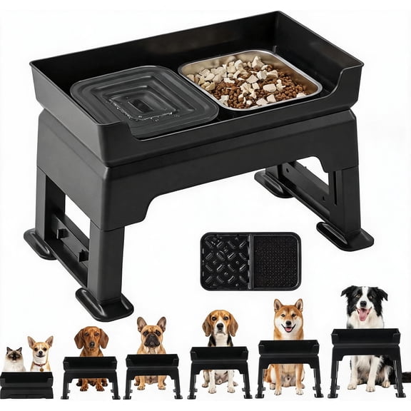 3-in-1 Adjustable Raised Dog Bowl Set with Stainless Steel Bowls and Lick Plate