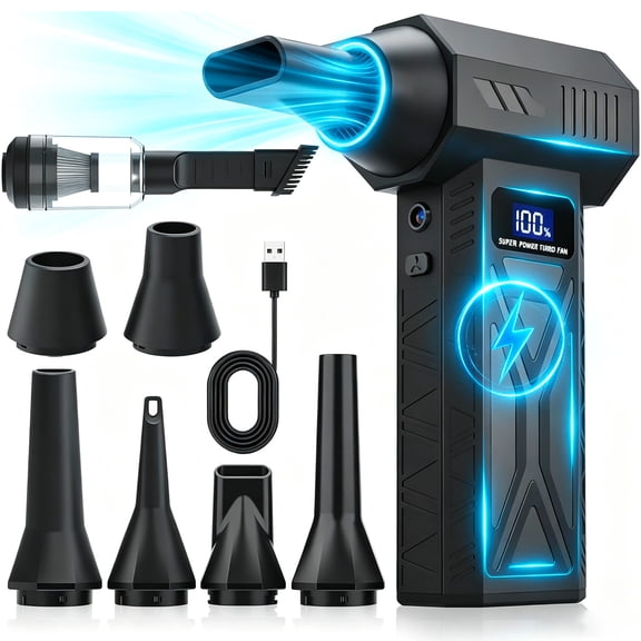 3-in-1 Air Duster and Vacuum Cleaner, 150000RPM High-Speed 4-Speed Adjustable Blower with Screen Display and LED Lights,Dust Remover for Computer/House/Outdoor/Car, Black