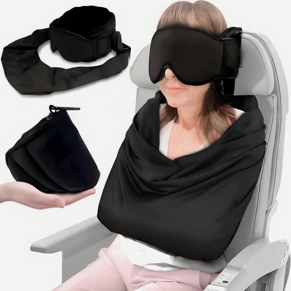 3-in-1 Airplane Sleep Support System - Integrated Plane Sleeping Accessories with Memory Foam Long Haul Flight Pillow, Adjustable Travel Eye Mask, and Blanket-Like Body Sling - Fits in Carry On