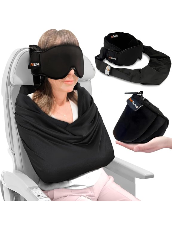 3-in-1 Airplane Sleep Support System - Integrated Plane Sleeping Accessories with Memory Foam Long Haul Flight Pillow, Adjustable Travel Eye Mask, and Blanket-Like Body Sling - Fits in Carry On