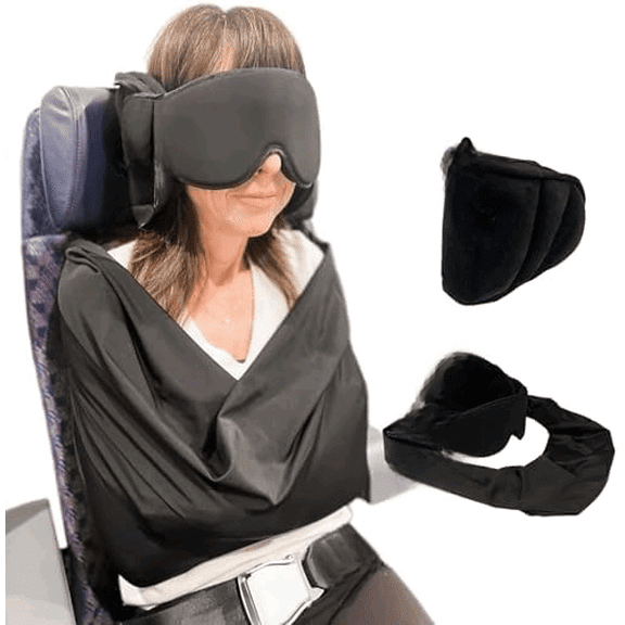 3-in-1 Airplane Sleep Support System - Integrated Plane Sleeping Accessories with Memory Foam Long Haul Flight Pillow, Adjustable Travel Eye Mask, and Blanket-Like Body Sling - Fits in Carry On