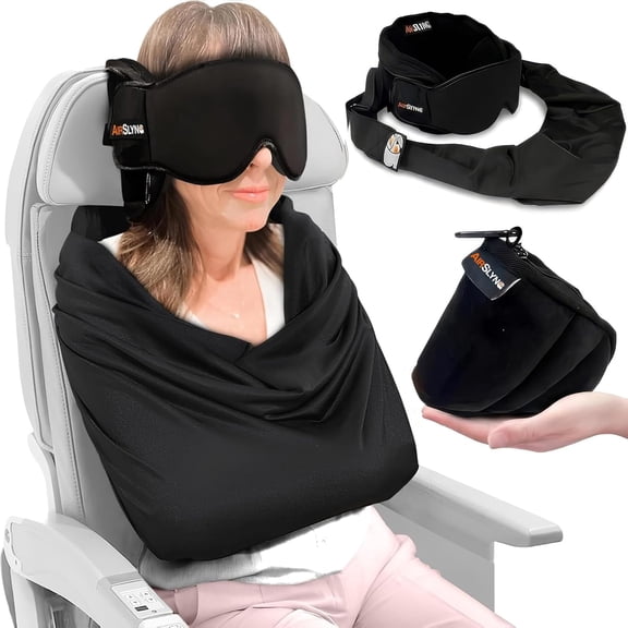 3-in-1 Airplane Sleep Support System with Memory Foam Pillow Adjustable Eye Mask and Blanket-Like Body Sling