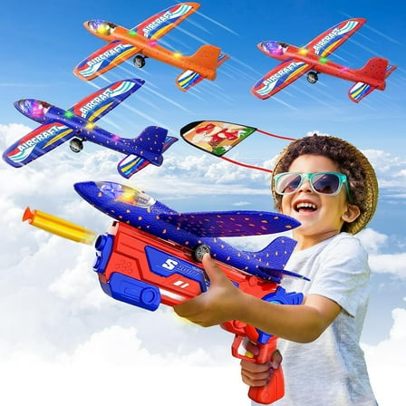 3 in 1 Airplane Toy,12.6" LED Toy Airplane Glider Airplane Launcher Toys,2 Flight Modes,Outdoor Sports Flying Toys (Red)