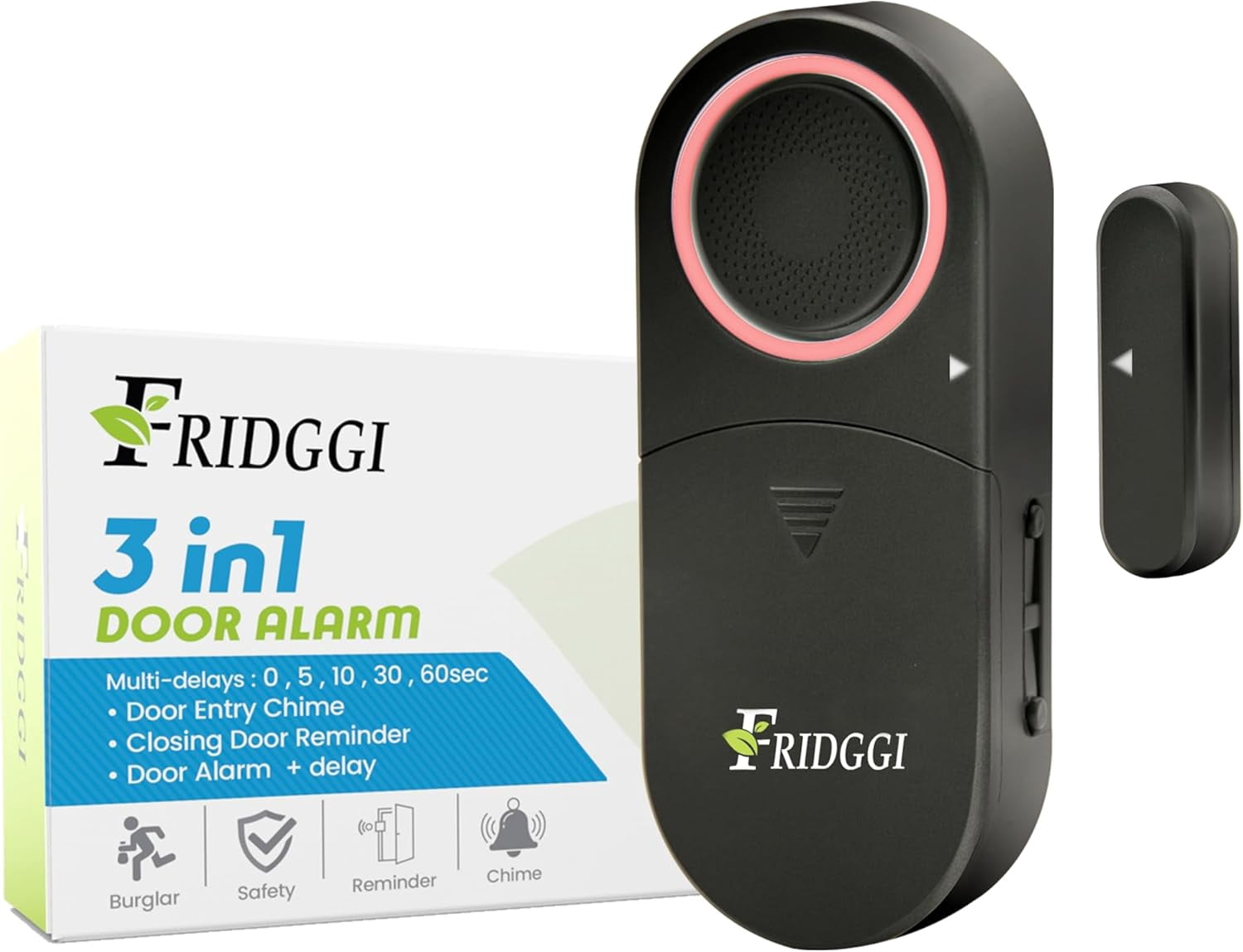 3-in-1 Alarm - Door Left Open Chime with Delay, 0/5/10/30/60 Seconds, 2/5 Minutes, Door Ajar Alarm, Close Gate Reminder, 80 to 120 dB, Time Delay Alert for Freezer, Gate, Shop. (Black)