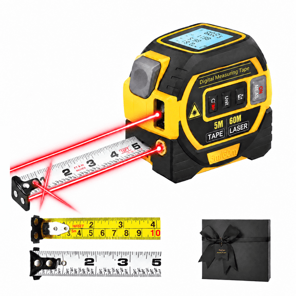 The 3-in-1 Almighty Laser Tape Measure Ruler tools,16Ft Ruler 197Ft,Laser Distance Measurer,with Crosshairs,LCD Screen,Ruler with double-sided scale Ft-Inch-1/8"/1/16"-M-mm,Gifts for Father Men