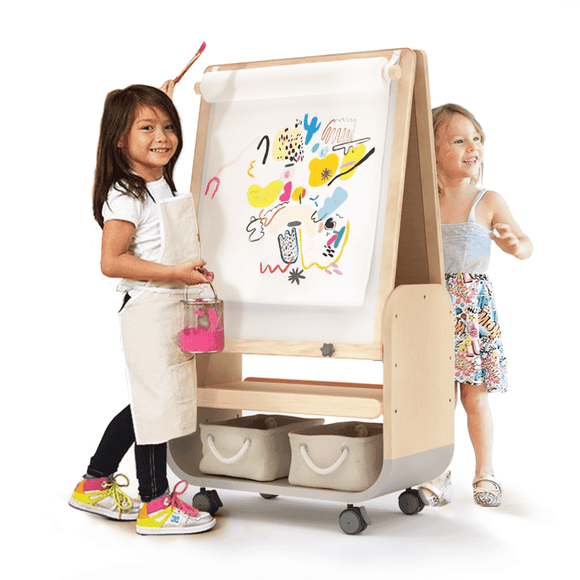 3-in-1 Art Easel for Kids Double-Sided Board Easel with Wheels and Storage Bags Adjustable Height Easel for Toddlers Magnetic Chalkboard & Whiteboard,Grey